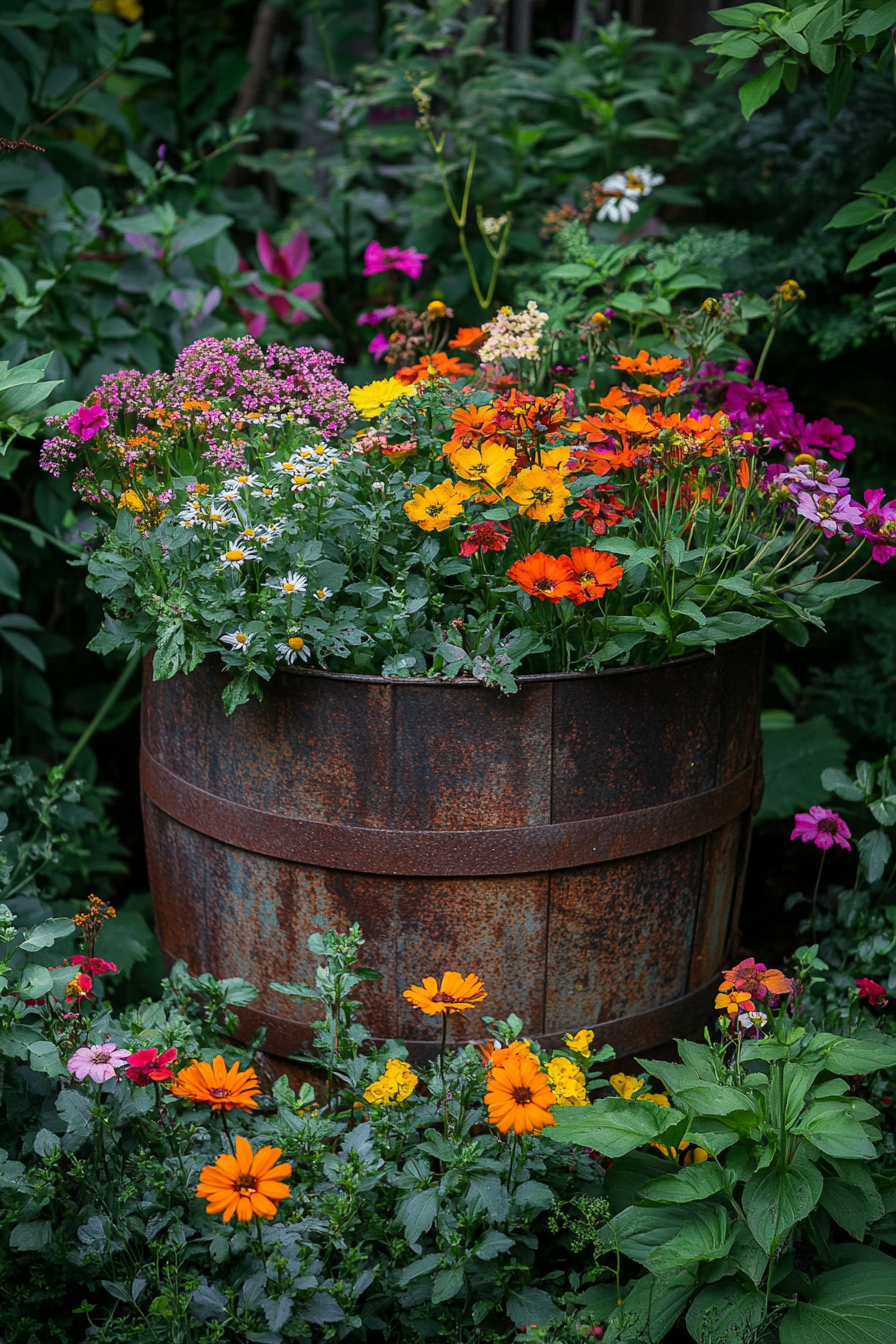 #18. Old Barrel into a Vibrant Flower Display