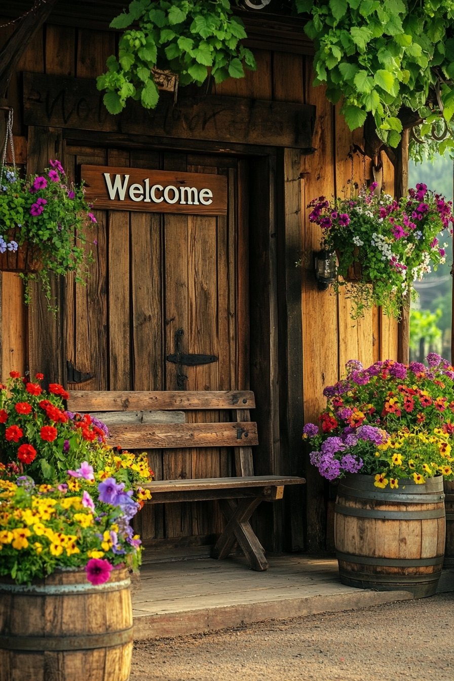 8. Add Warmth Rustic Welcome Sign and Barrel Planters