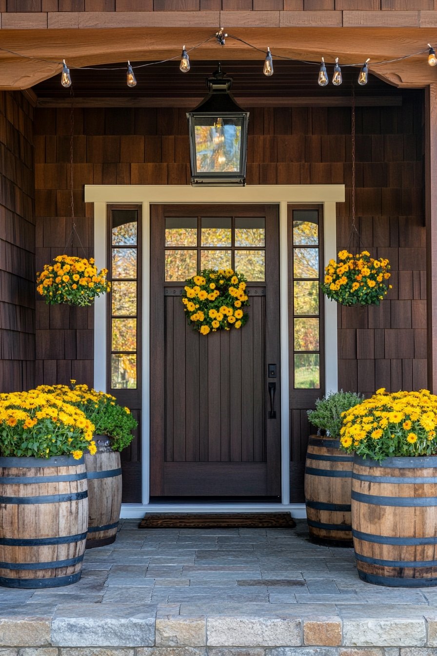 3. Brighten Your Front Porch with Cheerful Barrel Planters