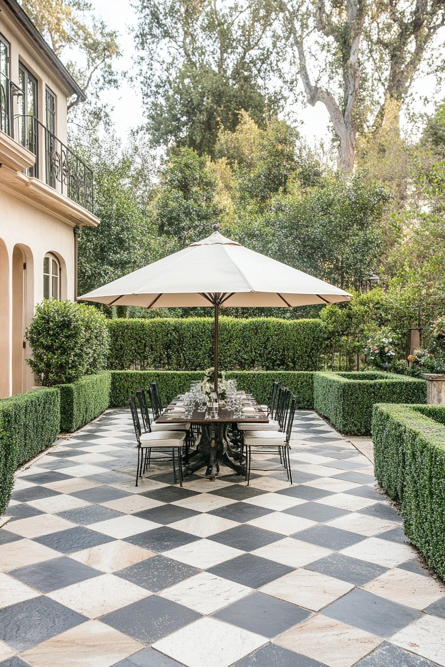 8. Bring Vintage Elegance to Your Backyard With a Checkered Paver Patio