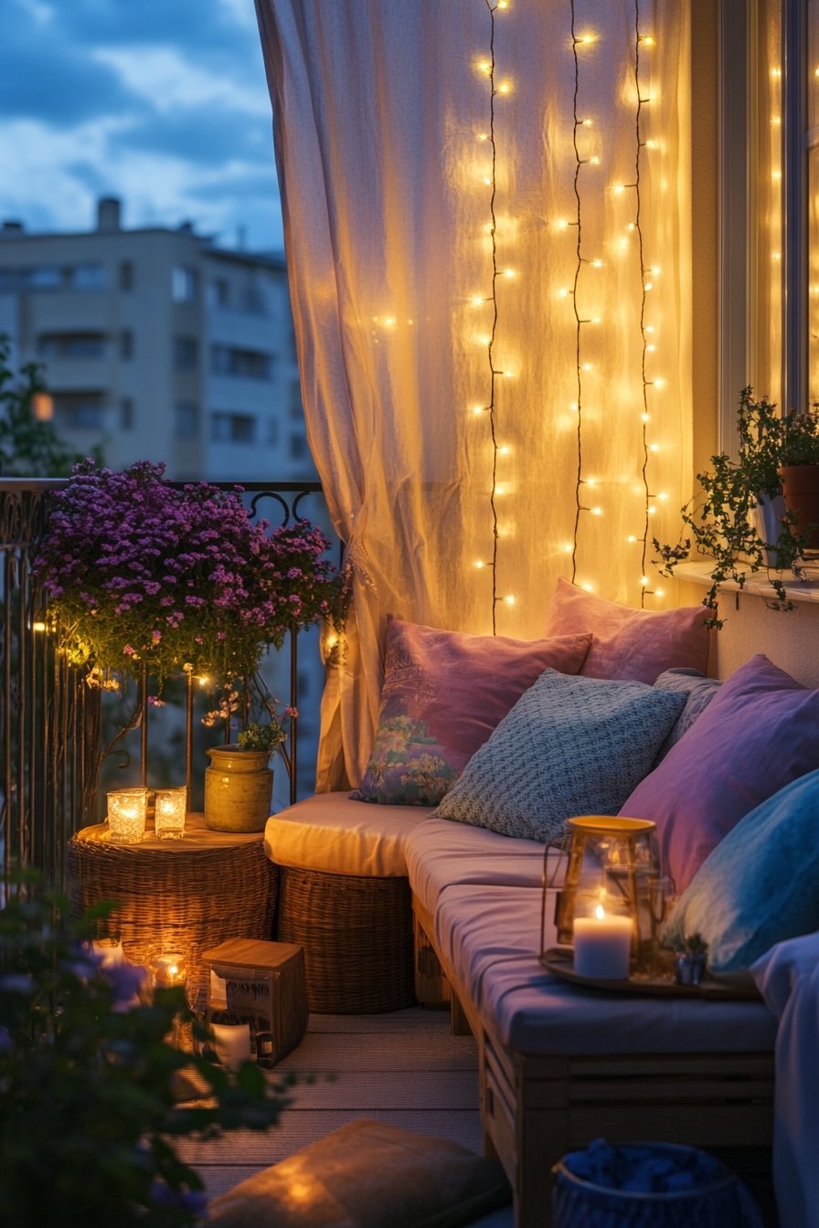 6. Cozy Balcony Glow Under Twinkling Lights