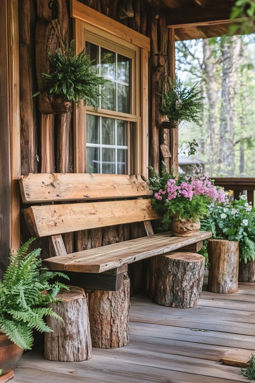 18. Cozy Cabin Porch an Natural Wooden Bench