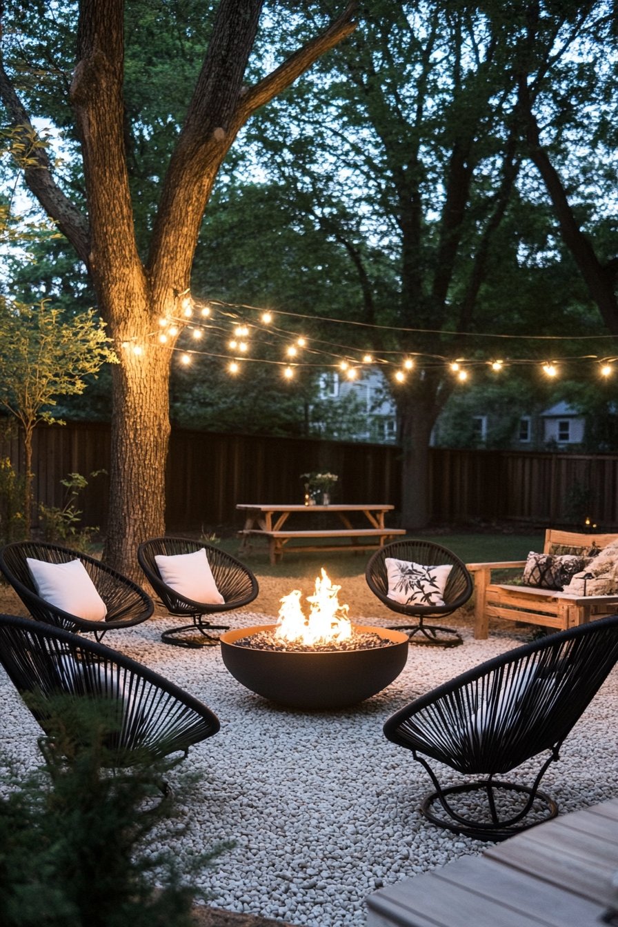 7. Cozy Fire Pit Lounge Under String Lights