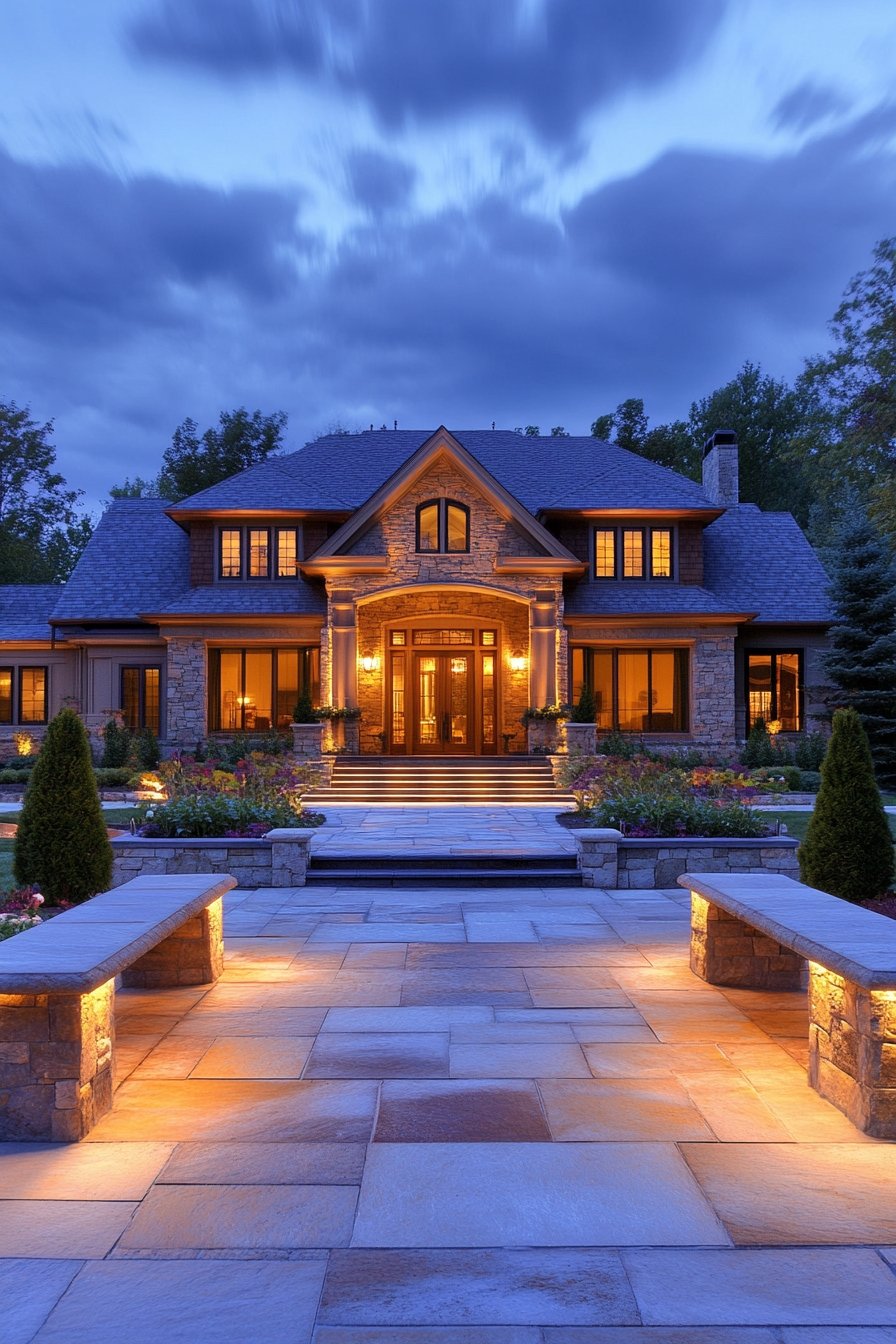 11. Grand Outdoor Entryway with Illuminated Pathway