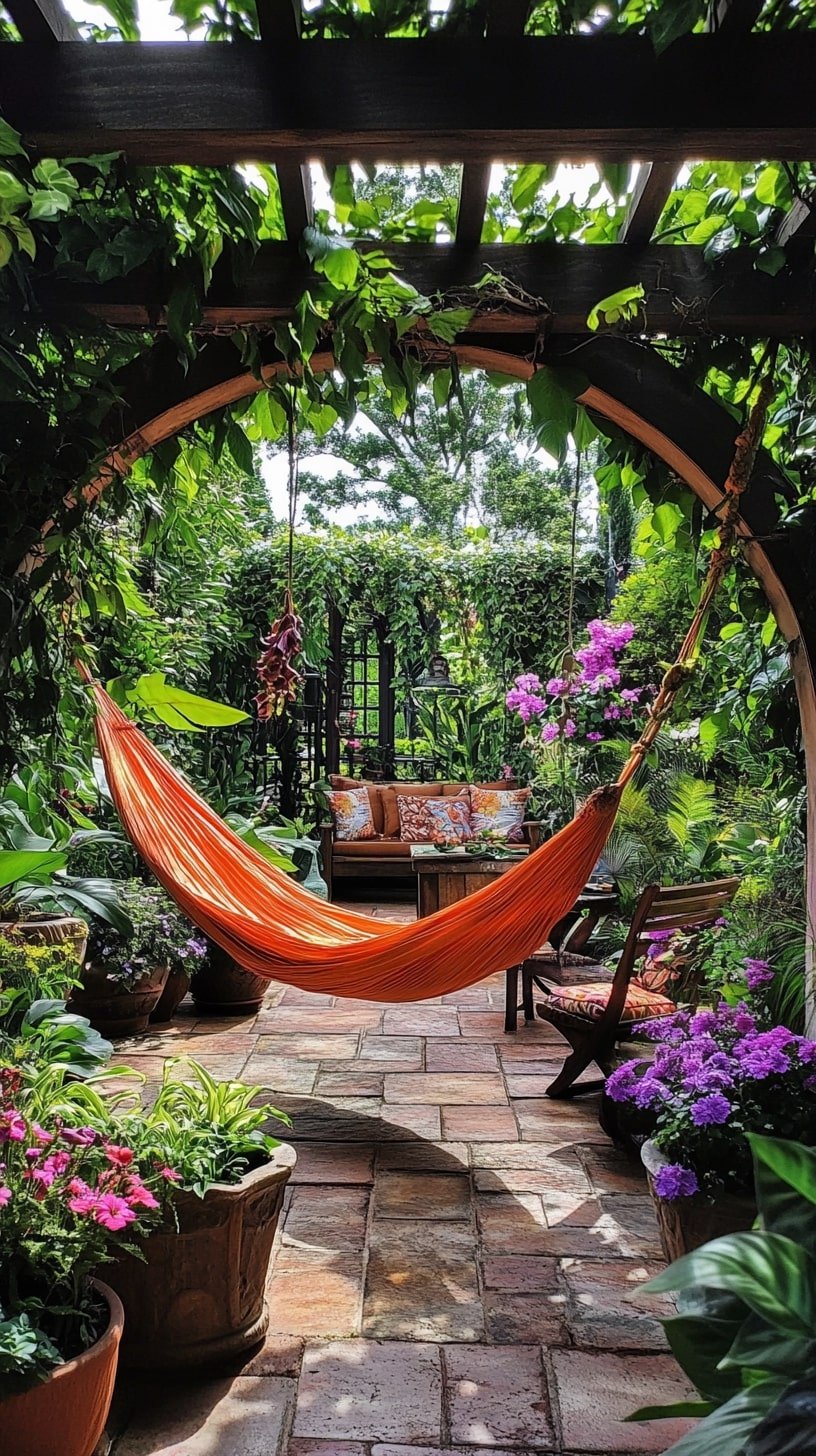19. Hammock Haven Under a Lush Pergola