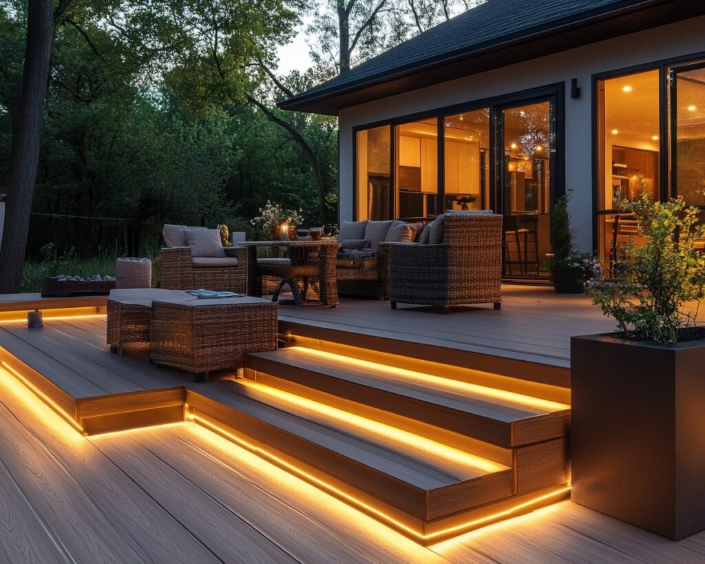 5. Install LED Strip Lights Along Deck Steps for a Modern Glow