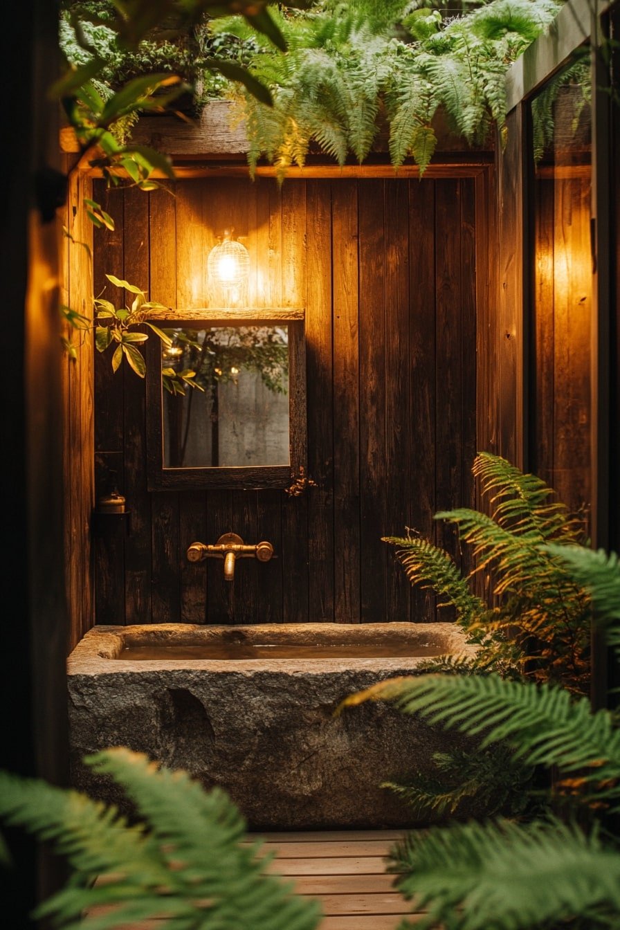 9. Integrate Stone and Wood for a Cozy Outdoor Bath