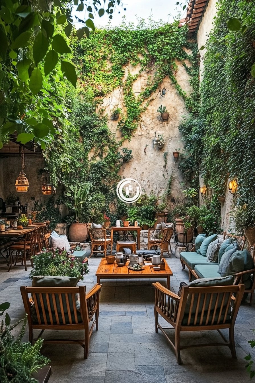 8. Lush Courtyard Lounge with Rustic Charm