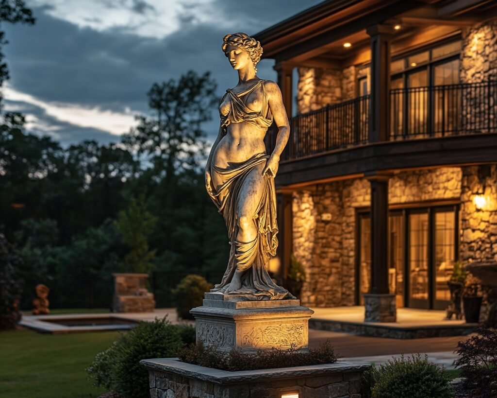 4. Make Garden Statues with Dramatic Deck Uplighting