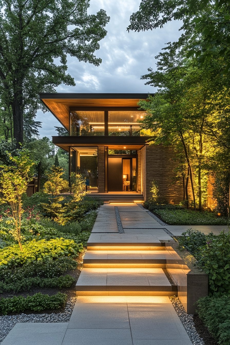 Modern Front Yard with Elegant Pathway Lighting
