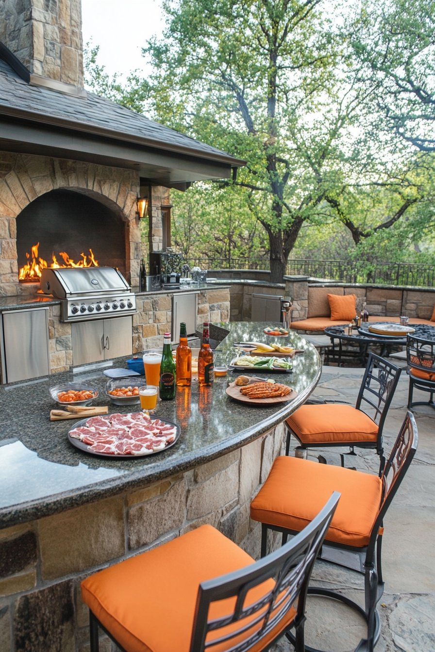 6. Outdoor Kitchen Stone Bar & Fireplace