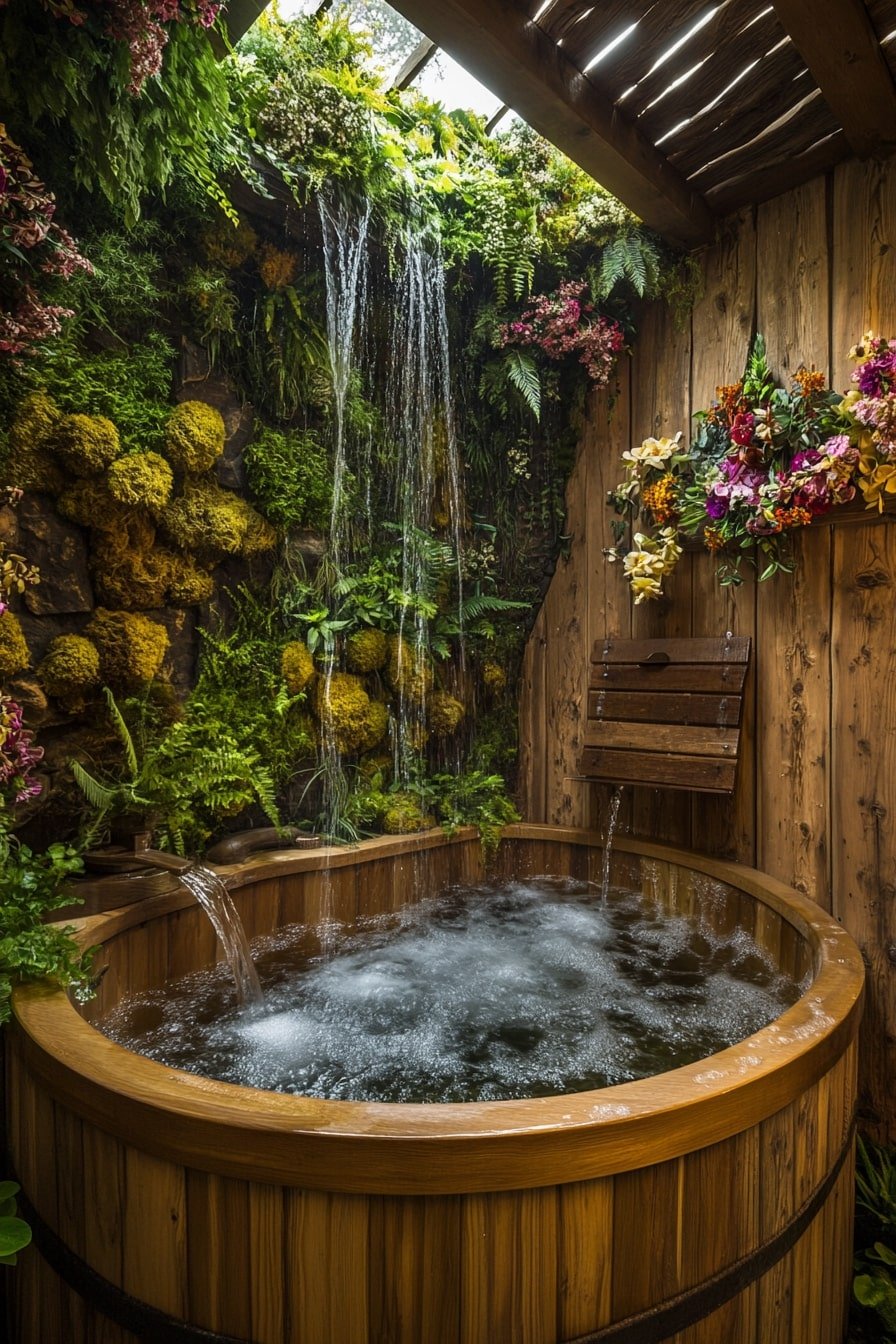 1. Rustic Forest Bathhouse Hot Tub
