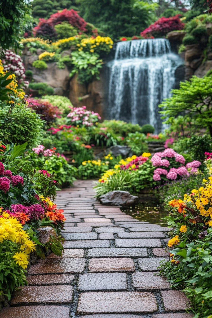 13. Serene Garden Path Leading to Waterfall