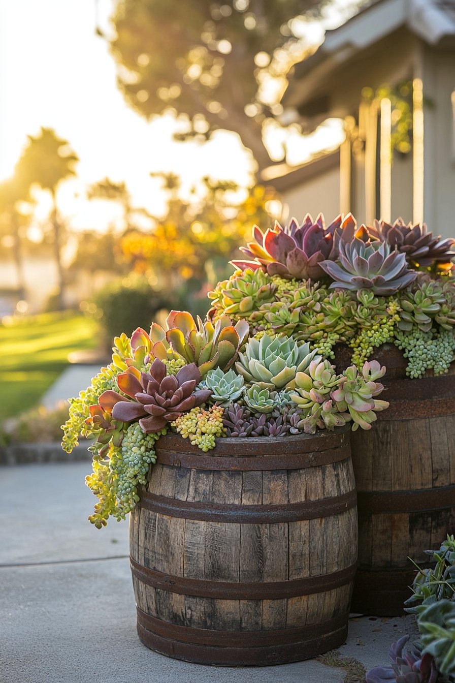 4. Rustic Barrel Succulent Planters