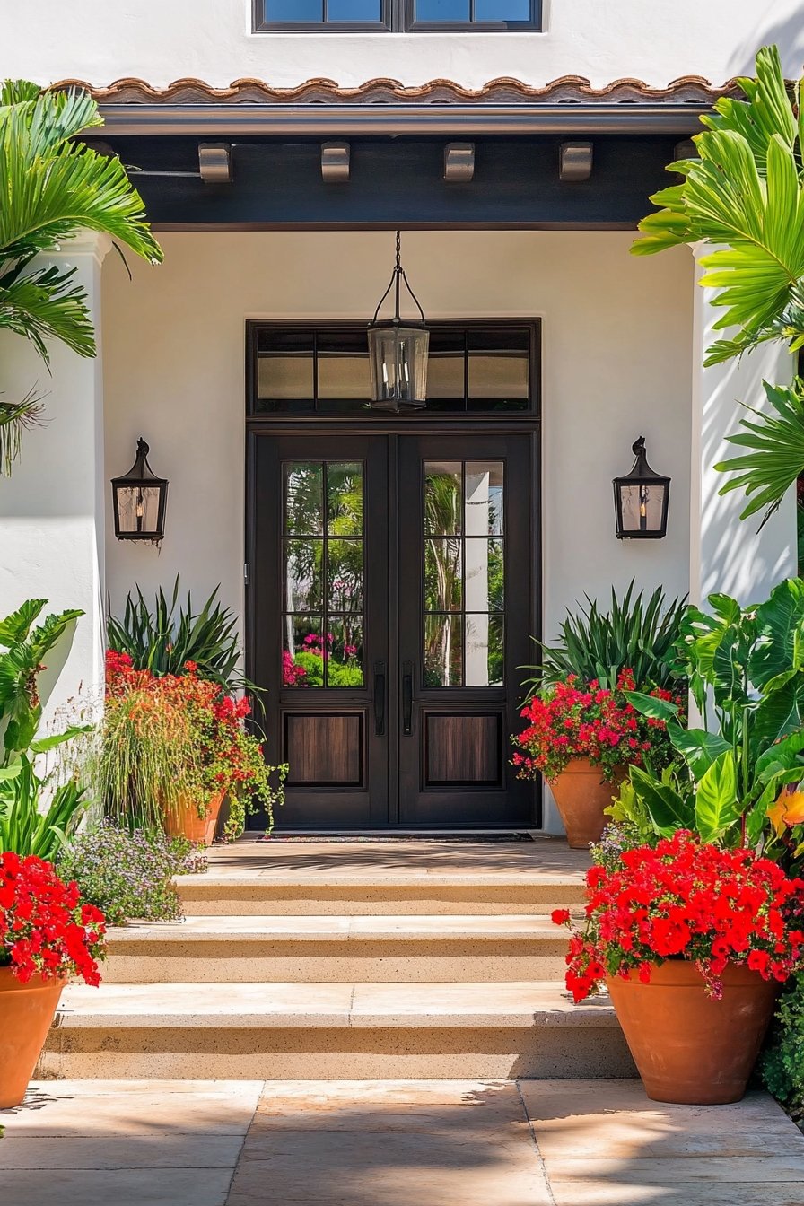 11. Vibrant Tropical Planters Framing Your Entryway