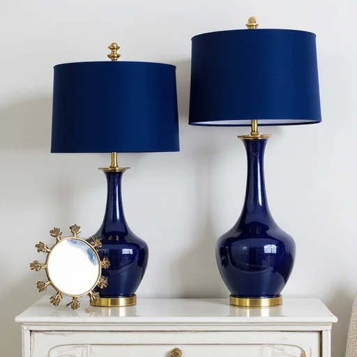 5. Blue and Brass Lighting Fixtures