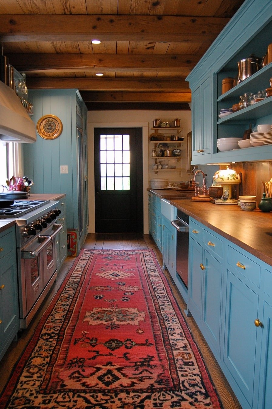 Bold Blue Cabinets With Red Vintage Rug