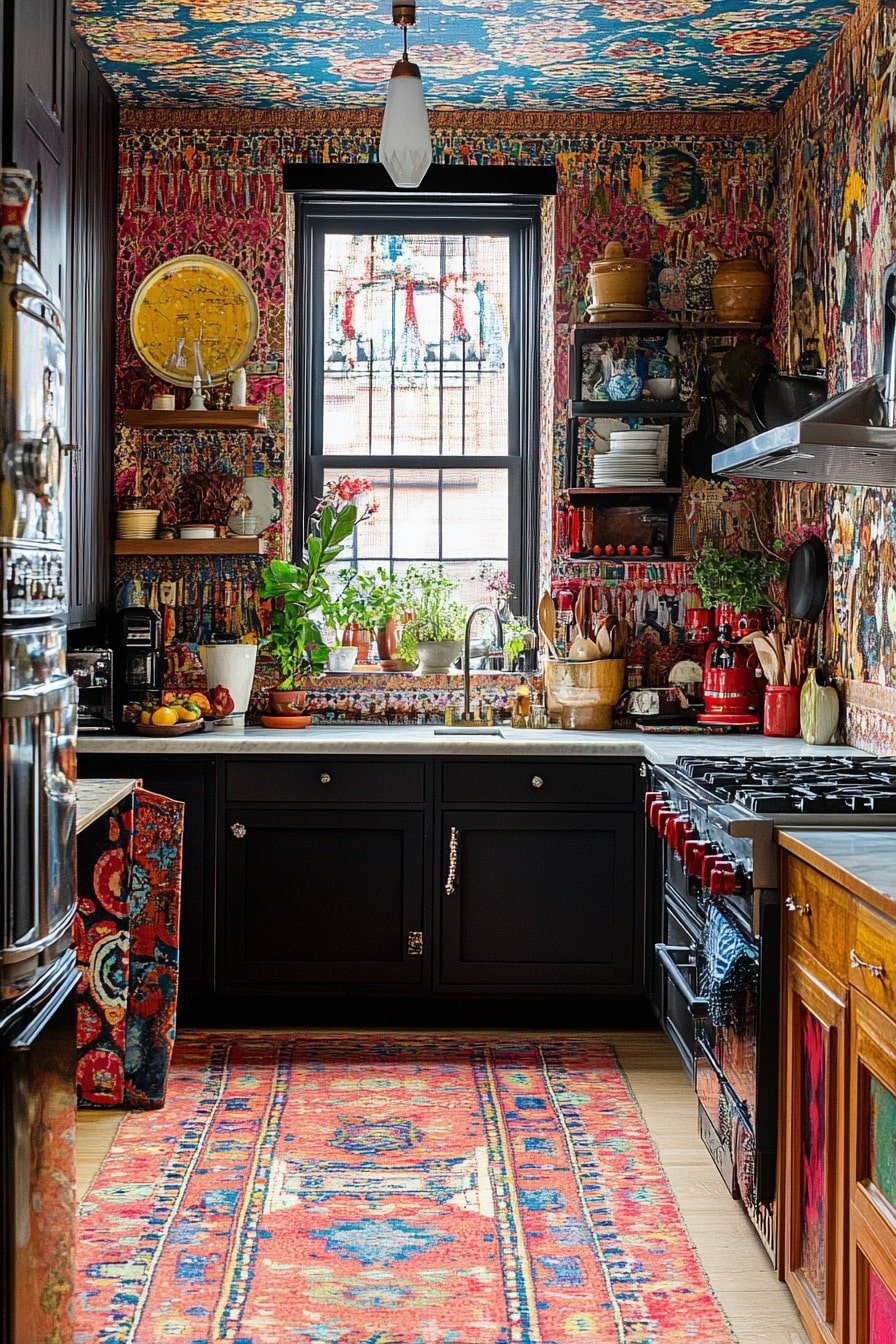Global Maximalist Kitchen With Patterned Walls