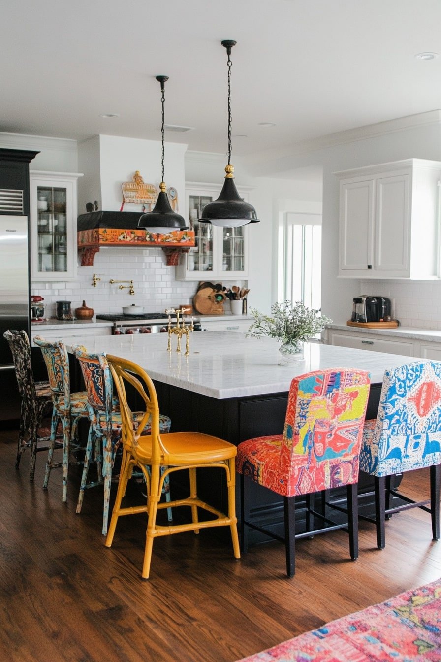 Mismatched Dining Chairs Around an Island