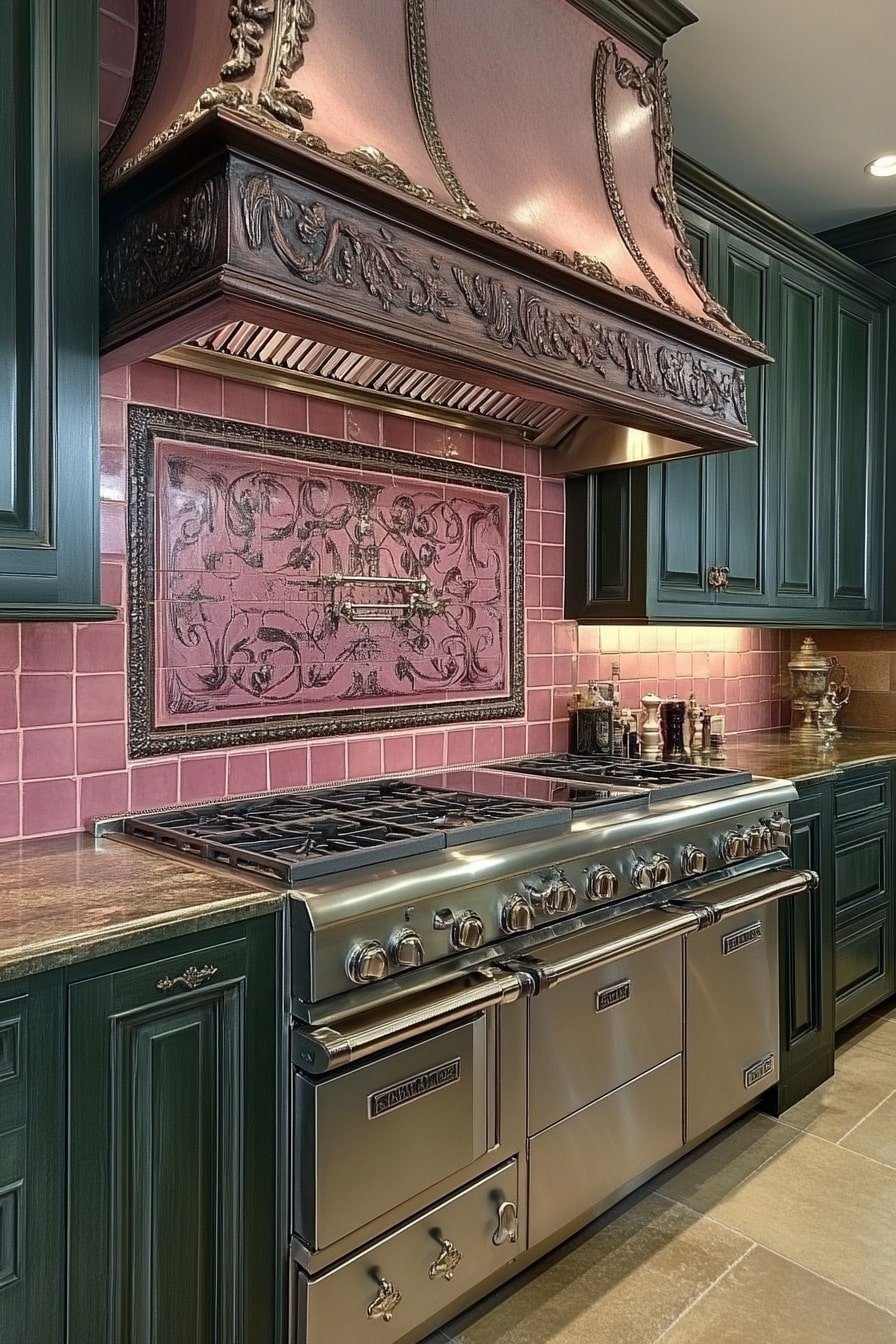 Pink Tile Backsplash With Dark Green Cabinets