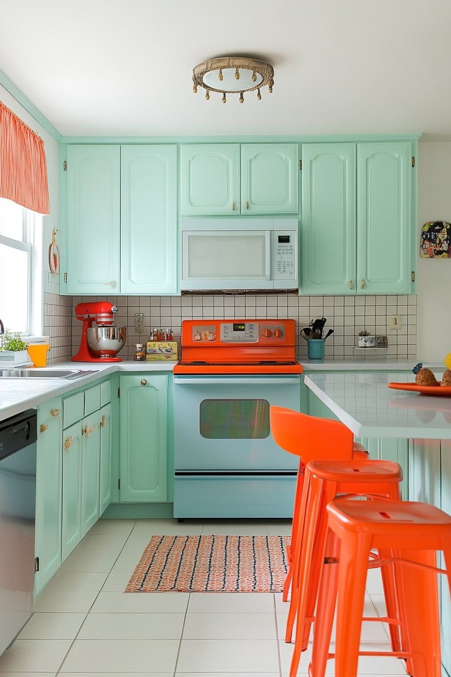 Retro-Inspired Kitchen With Mint and Orange Accents