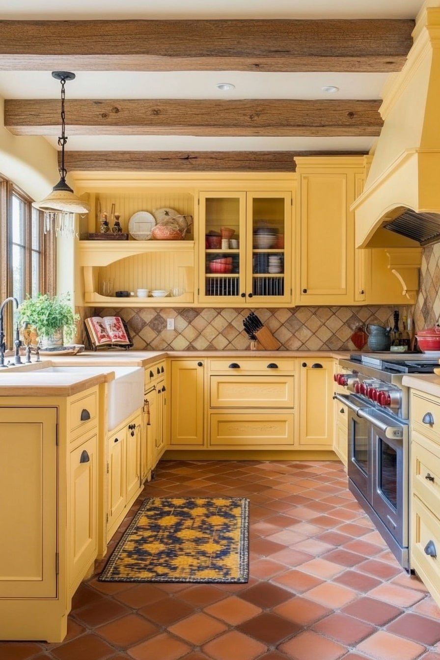 Sunshine Yellow Cabinets With Terracotta Floors