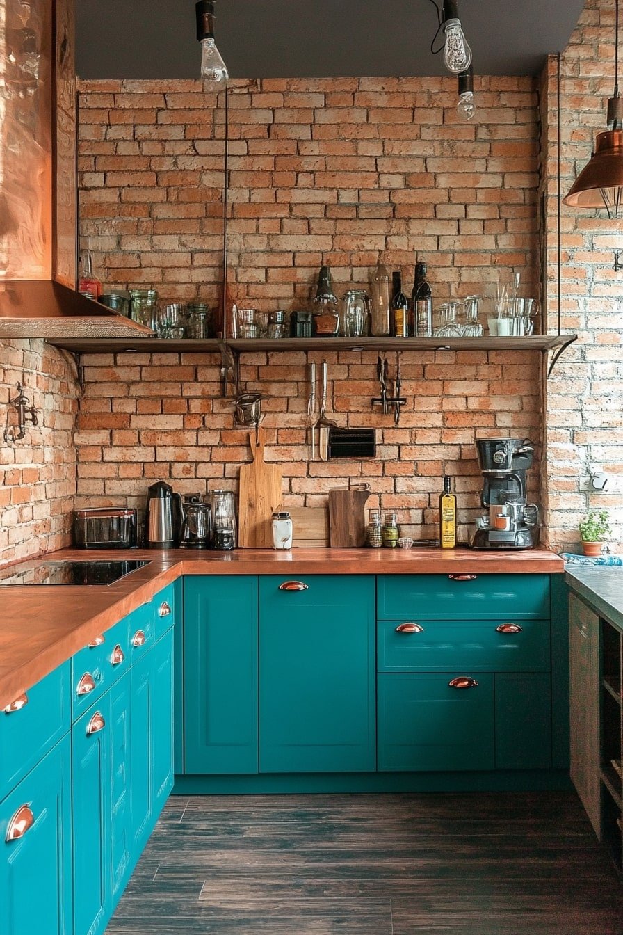 Teal Cabinets With Copper Accents and Open Brick Wall