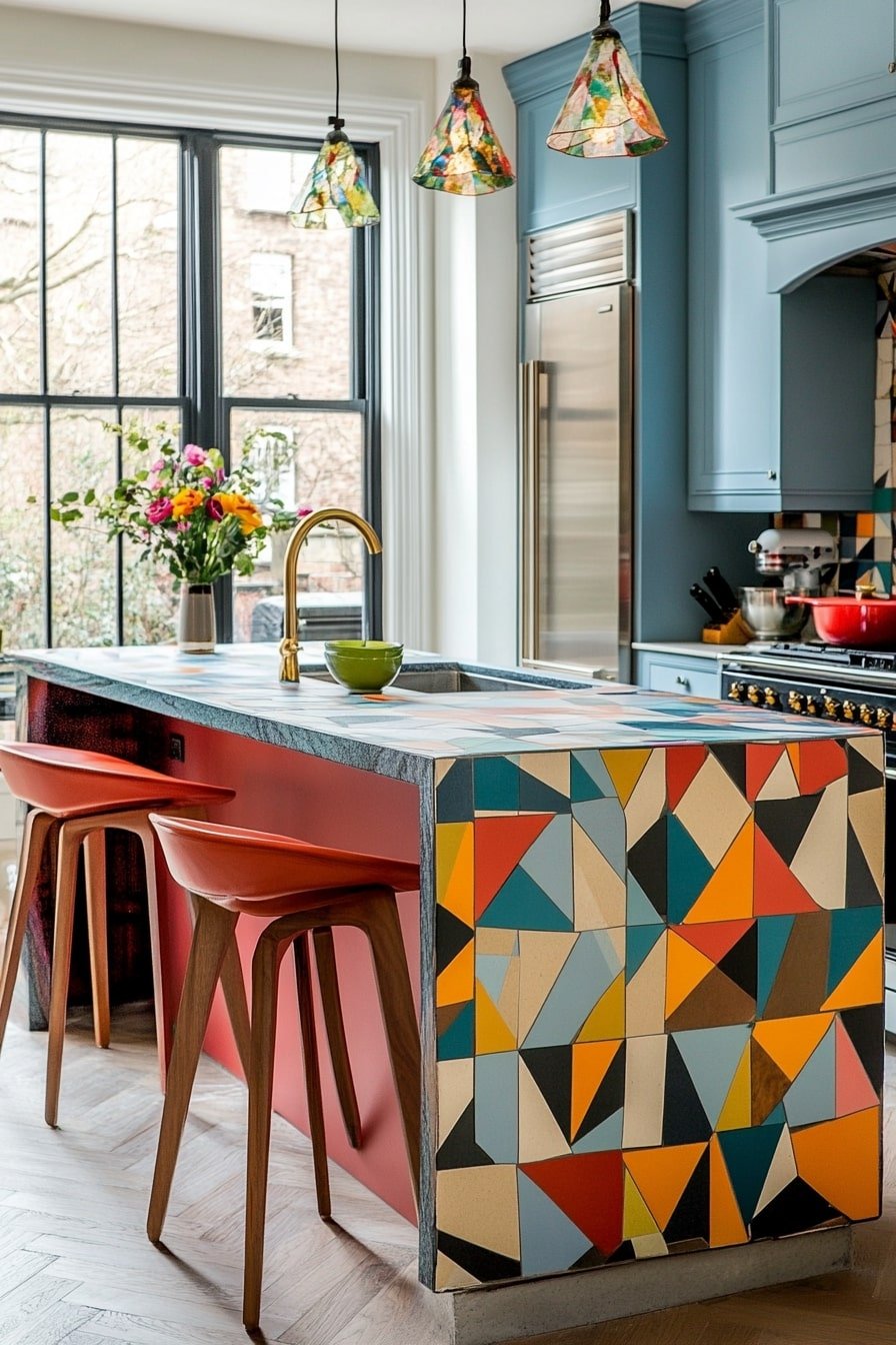 Tiled Kitchen Island With Geometric Patterns