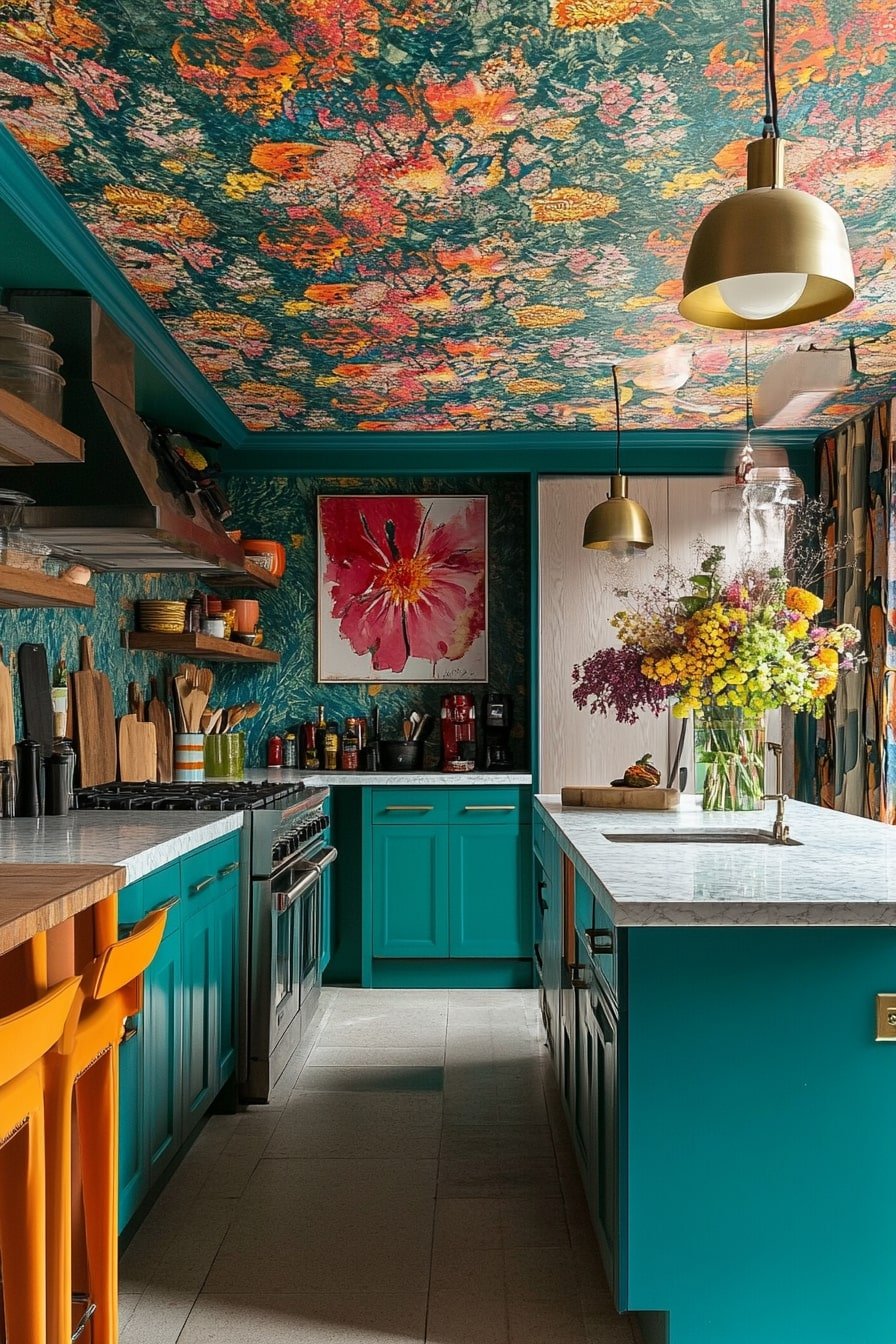 Wallpapered Ceiling in a Colorful Kitchen